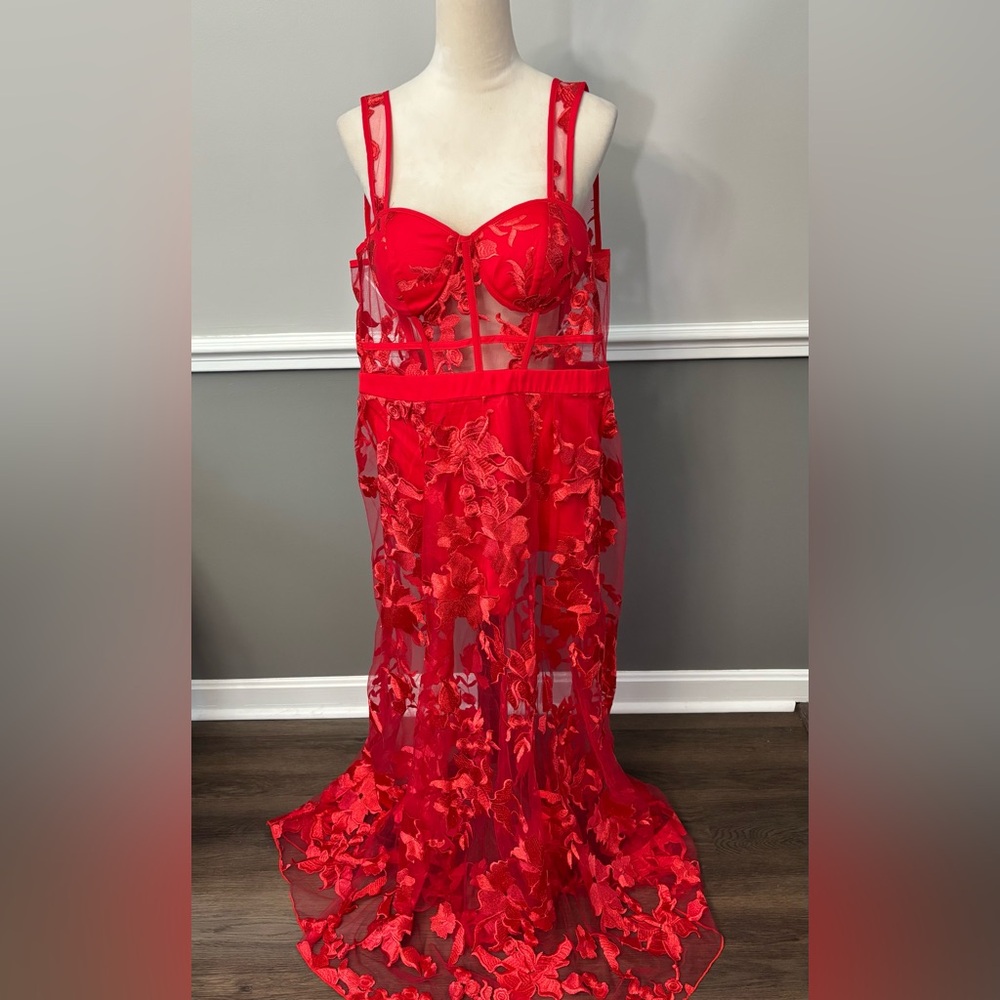 Blithe LA Red Sheer Floral Maxi Dress NWT